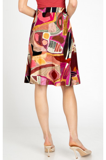 Short flared skirt made of lightweight knit fabric in a graphic print in Brick and Fuchsia [1]