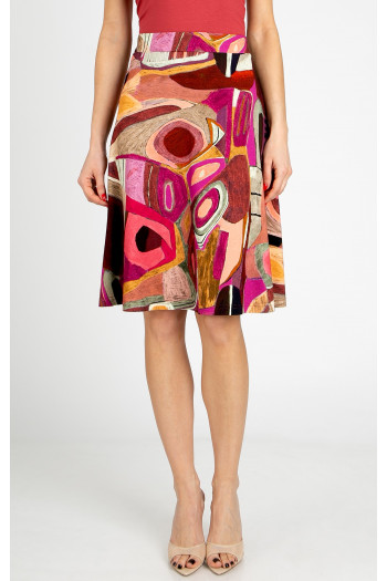 Short flared skirt made of lightweight knit fabric in a graphic print in Brick and Fuchsia