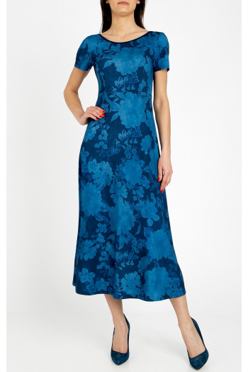 Elegant midi knit dress with a floral print featuring a denim effect