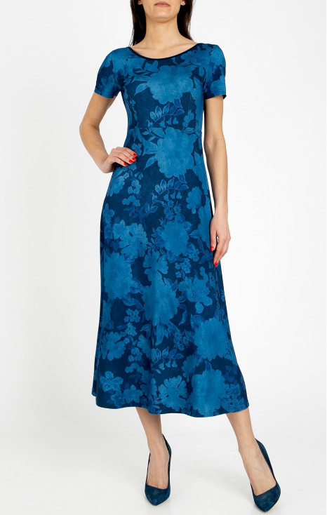 Elegant midi knit dress with a floral print featuring a denim effect