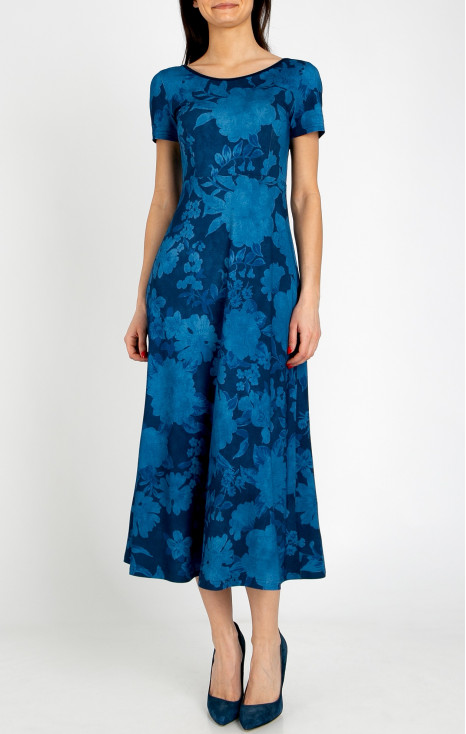 Elegant midi knit dress with a floral print featuring a denim effect