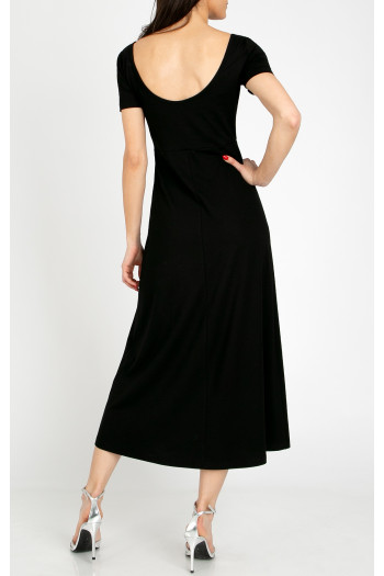 Elegant black midi knit dress with a Swarovski crystal logo [1]