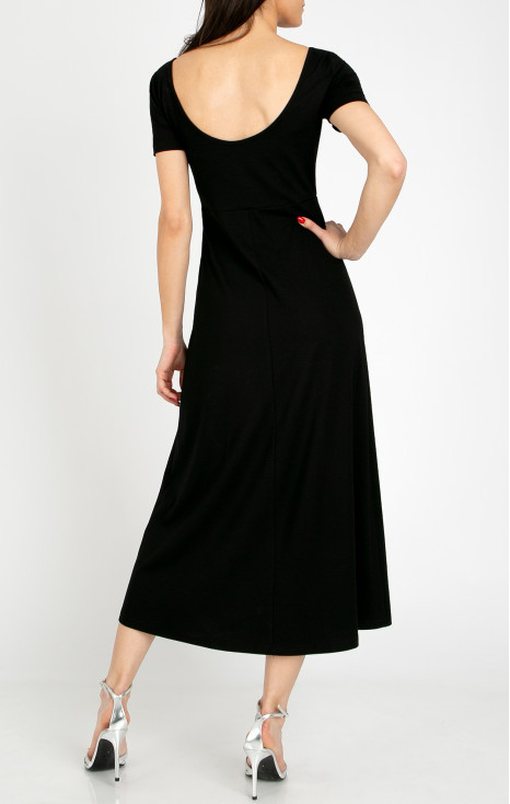 Elegant black midi knit dress with a Swarovski crystal logo