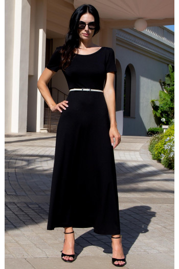 Elegant black midi knit dress with a Swarovski crystal logo