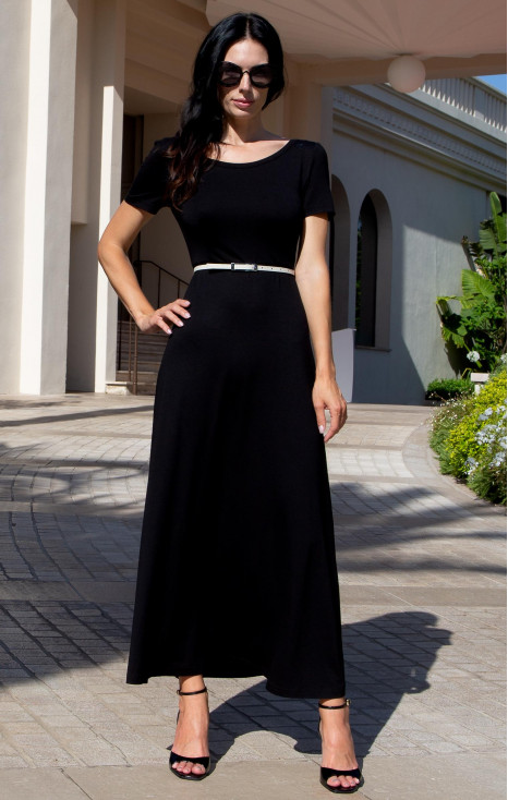 Elegant black midi knit dress with a Swarovski crystal logo