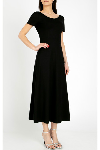 Elegant black midi knit dress with a Swarovski crystal logo