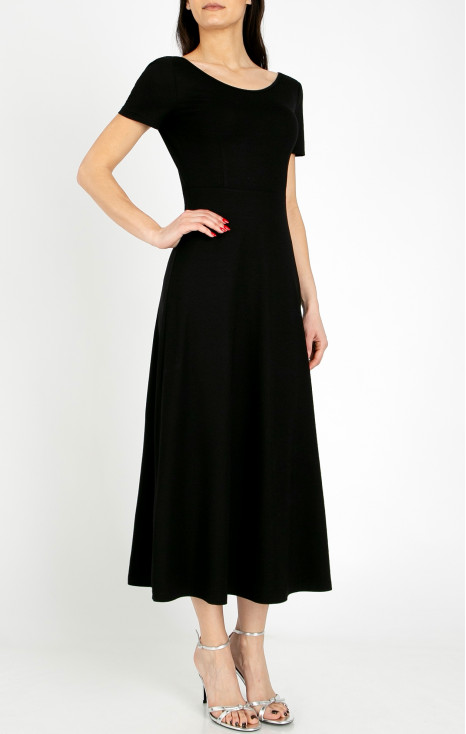 Elegant black midi knit dress with a Swarovski crystal logo