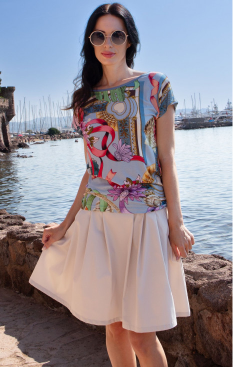 Blouse in Baby Blue with a baroque print and floral motifs