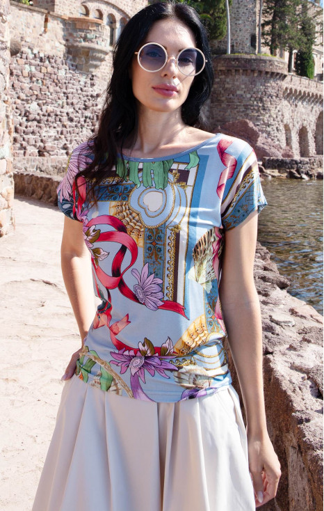 Blouse in Baby Blue with a baroque print and floral motifs