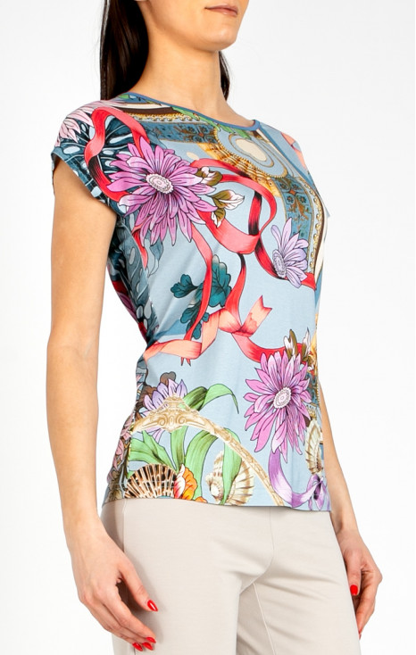 Blouse in Baby Blue with a baroque print and floral motifs