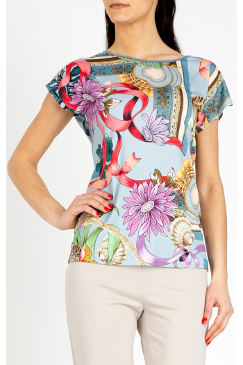 Blouse in Baby Blue with a baroque print and floral motifs