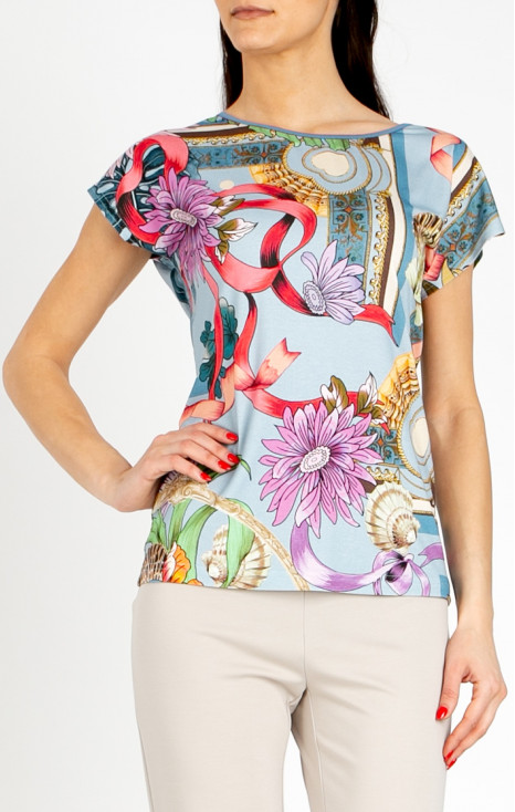 Blouse in Baby Blue with a baroque print and floral motifs