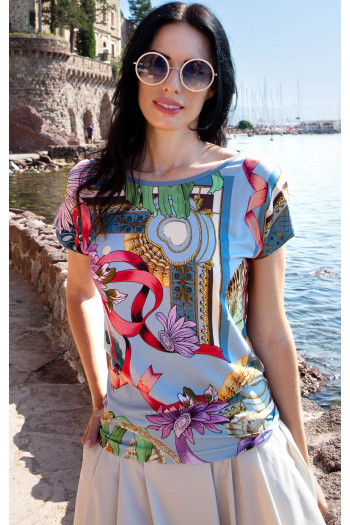 Blouse in Baby Blue with a baroque print and floral motifs