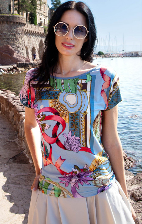Blouse in Baby Blue with a baroque print and floral motifs