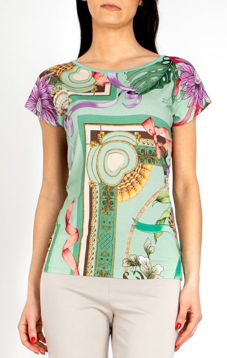 Blouse in Aqua Green with a baroque print and floral motifs
