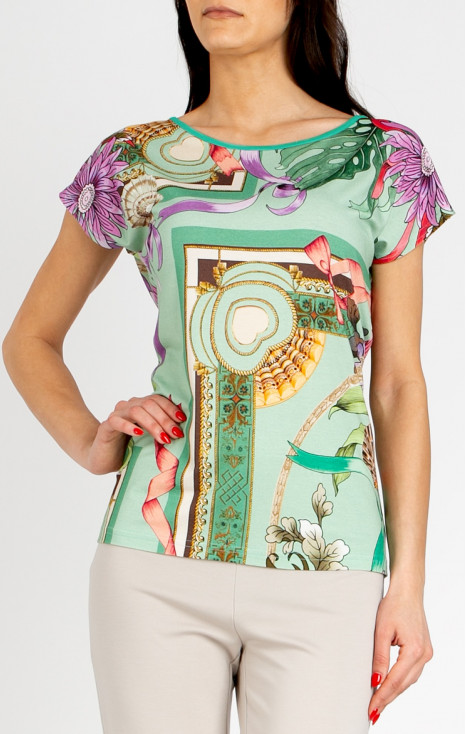 Blouse in Aqua Green with a baroque print and floral motifs