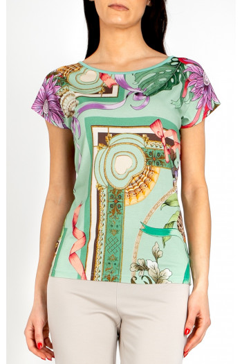 Blouse in Aqua Green with a baroque print and floral motifs