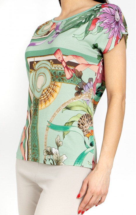 Blouse in Aqua Green with a baroque print and floral motifs