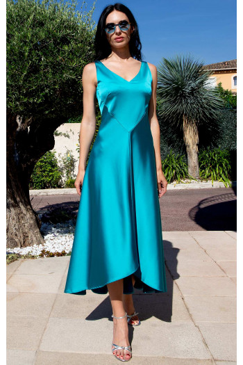 Impressive formal dress crafted from dense, heavy-flowing satin in Lake Blue Color