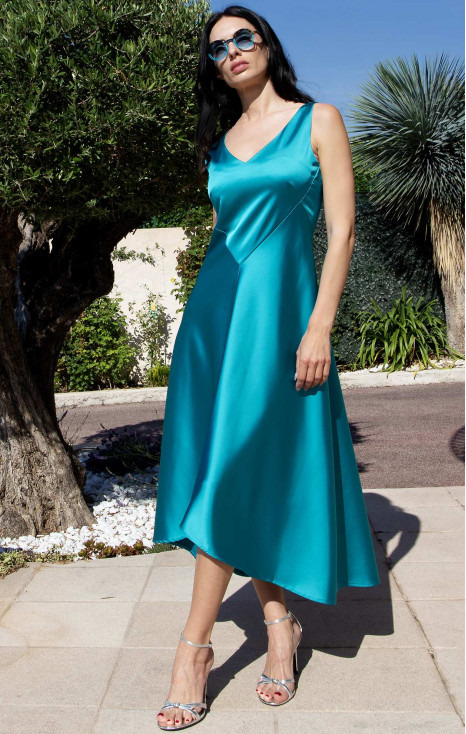 Impressive formal dress crafted from dense, heavy-flowing satin in Lake Blue Color [1]