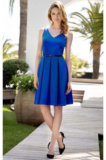 Striking dress made of heavy stretch satin in deep blue