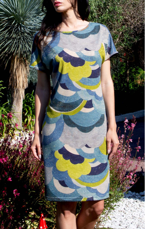 Stylish Casual Dress with a Stylized Print in Denim and Lime Colors