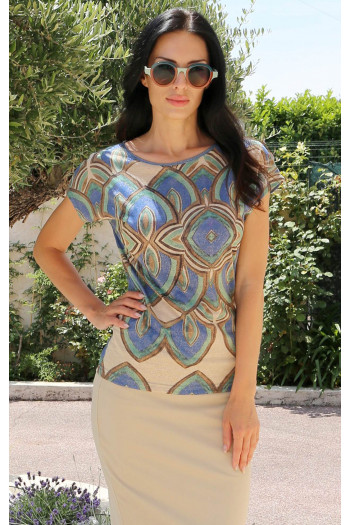 Statement loose-fit blouse with a modern geometric print and delicate shimme