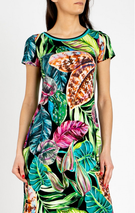 Comfortable knit dress with vibrant floral motifs in Fuchsia, Turquoise, and Green