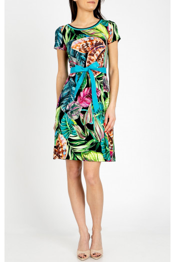 Comfortable knit dress with vibrant floral motifs in Fuchsia, Turquoise, and Green