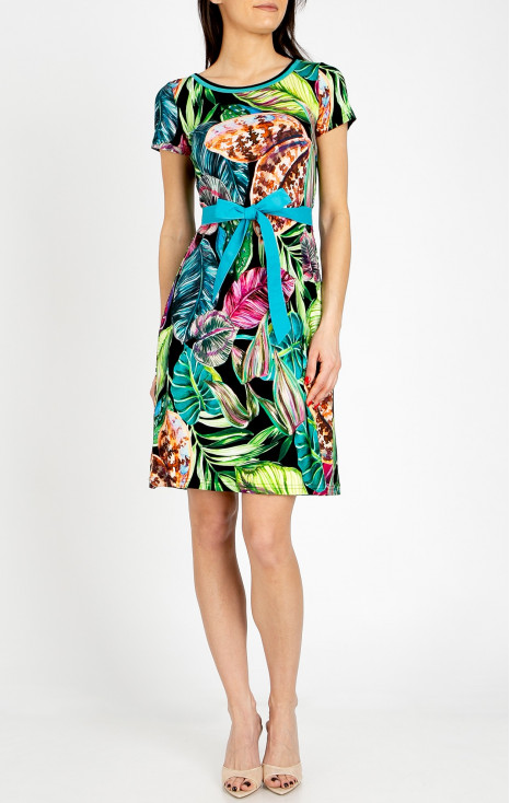 Comfortable knit dress with vibrant floral motifs in Fuchsia, Turquoise, and Green