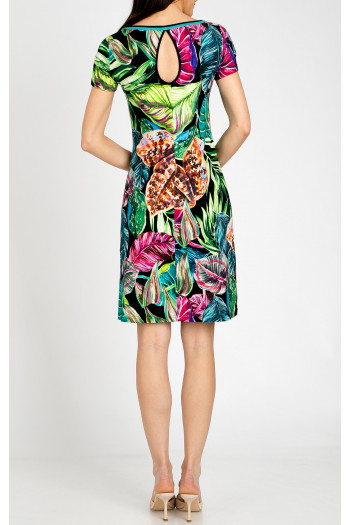 Comfortable knit dress with vibrant floral motifs in Fuchsia, Turquoise, and Green [1]
