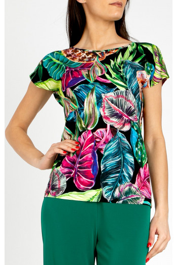 Blouse with vibrant floral motifs in Fuchsia, Turquoise, and Green
