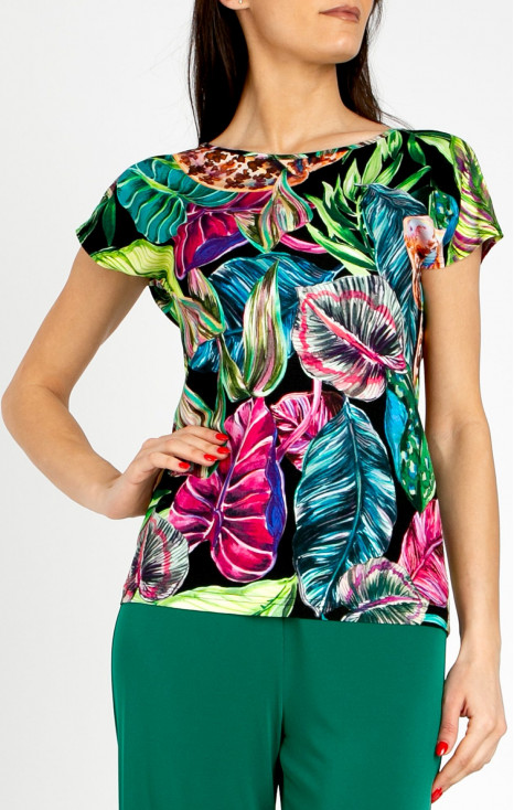 Blouse with vibrant floral motifs in Fuchsia, Turquoise, and Green