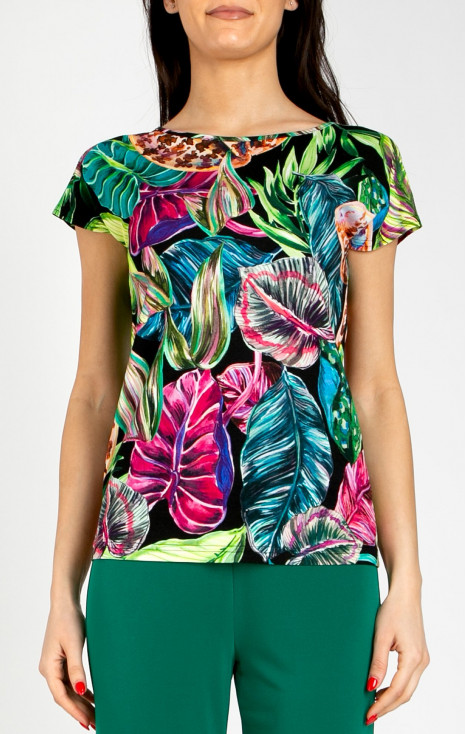 Blouse with vibrant floral motifs in Fuchsia, Turquoise, and Green