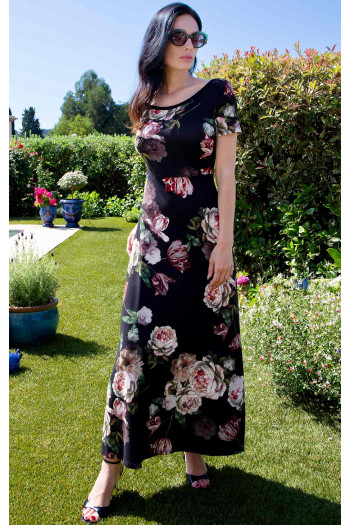 Midi dress in Black Color with Midnight Peony Print