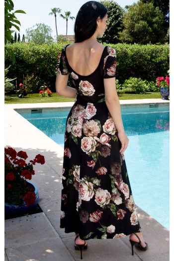 Midi dress in Black Color with Midnight Peony Print [1]