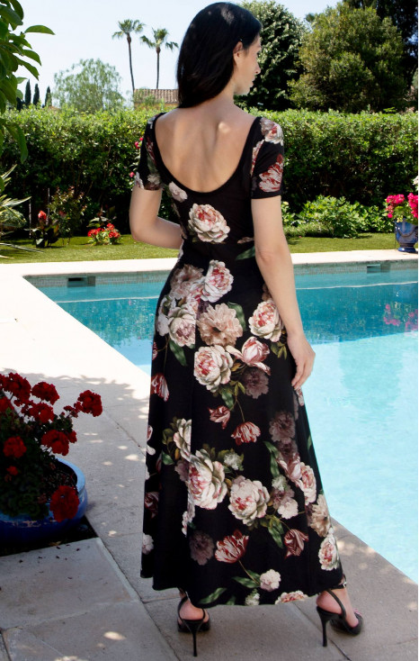 Midi dress in Black Color with Midnight Peony Print