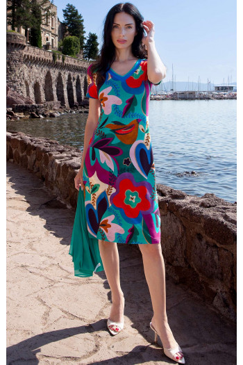 Fresh summer knit dress with a vibrant floral print in bright colors [1]