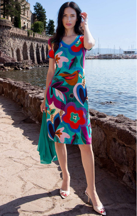 Fresh summer knit dress with a vibrant floral print in bright colors