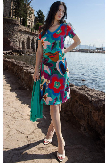 Fresh summer knit dress with a vibrant floral print in bright colors