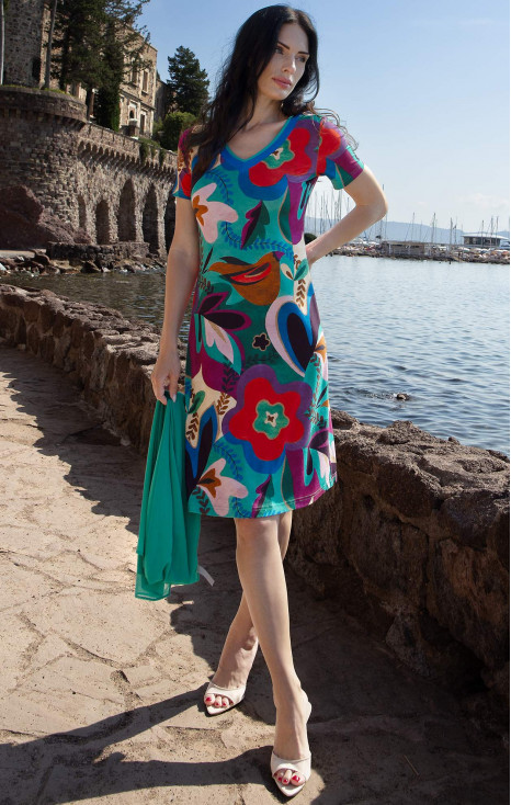 Fresh summer knit dress with a vibrant floral print in bright colors