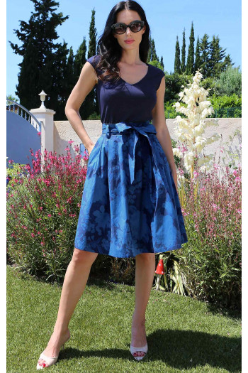 Flared cotton skirt with a denim effect and floral print [1]