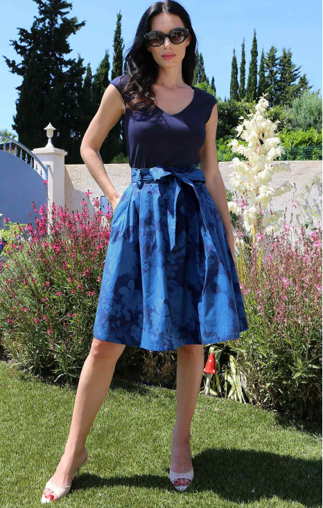 Flared cotton skirt with a denim effect and floral print