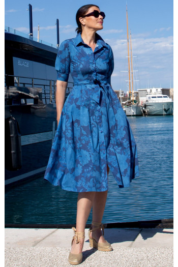 Midi dress with a denim effect and floral print