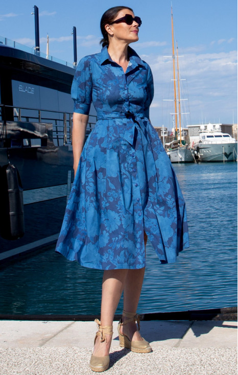 Midi dress with a denim effect and floral print
