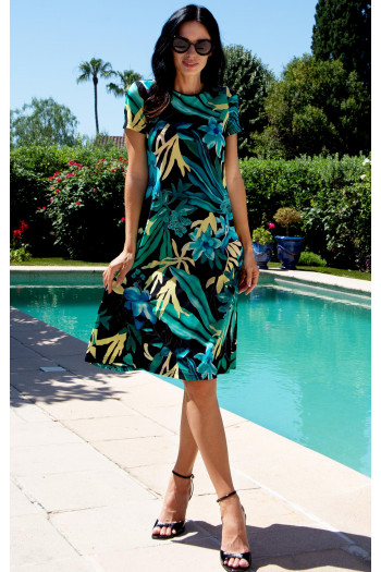 Flared dress in luxurious jersey with Turquoise Jungle Tropical Print [1]