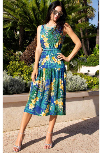 Tropical Breeze Exotic Midi Dress with Drop Waist