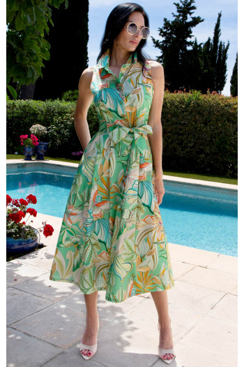 Flared cotton dress with Mint Garden Dream Print