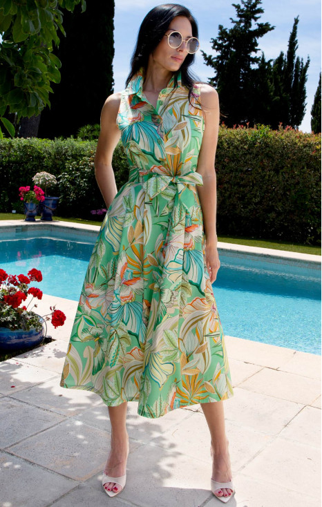 Flared cotton dress with Mint Garden Dream Print