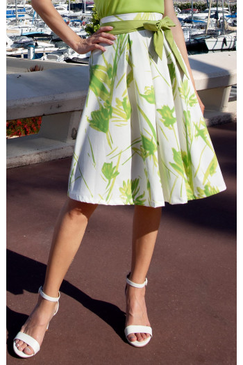 Flared cotton skirt Lime Garden with elegant pleats